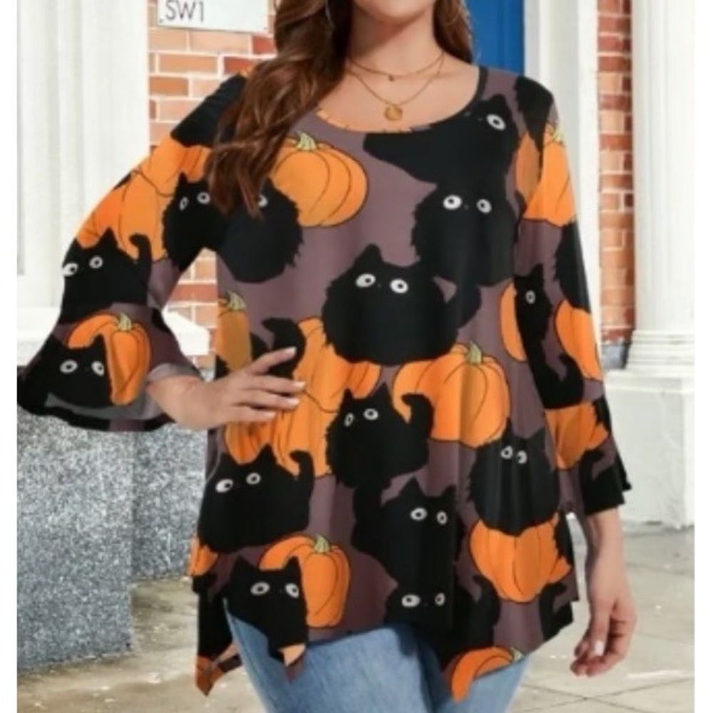 Halloween Swing Handkerchief Hem Pumpkin Black Cat Plus 3X Crew 3/4 Sleeve NEW